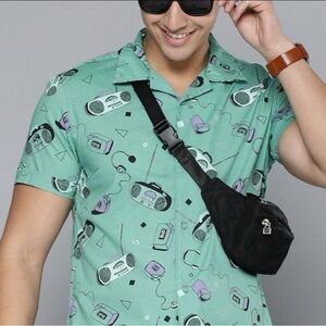 Urban Pipeline Teal and Purple Graphic Button Down Shirt retro Boombox